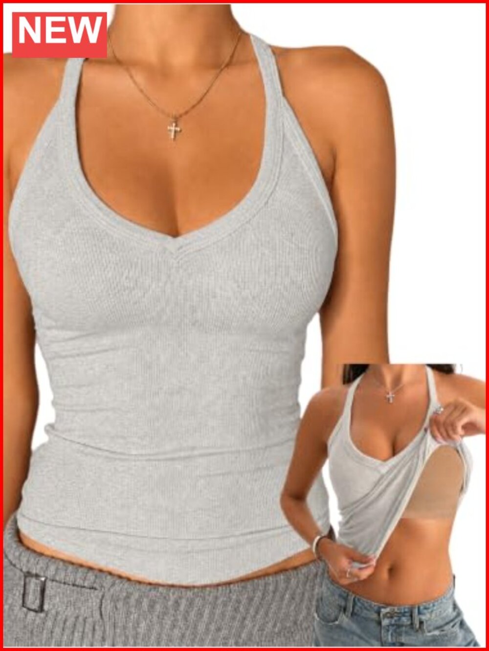 V Neck Cotton Tank Top Built-in Shelf Bra Racerback Fitted Cami